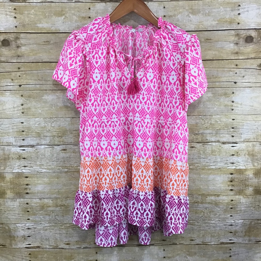 Cato Womens Pink Ikat Print Tunic Top Short Sleeve Tassel Tie Tiered Size L